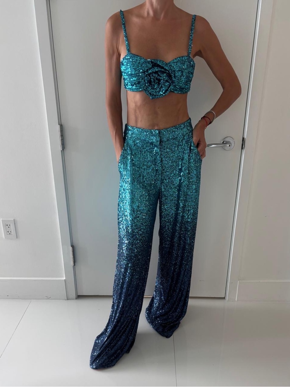 PatBO Turquoise-to-Navy Sequin Wide-Leg Pants